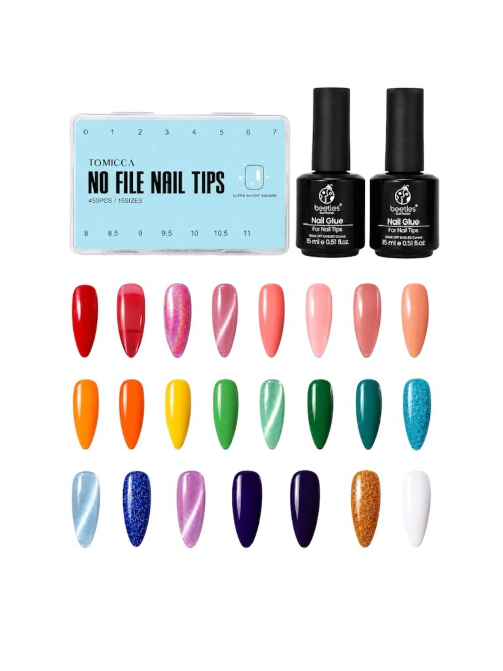 DIY Gel Nail 24 pcs Bundle: Tips, Glue, Cat Eye/Jelly/color/ glitter Gel Polish